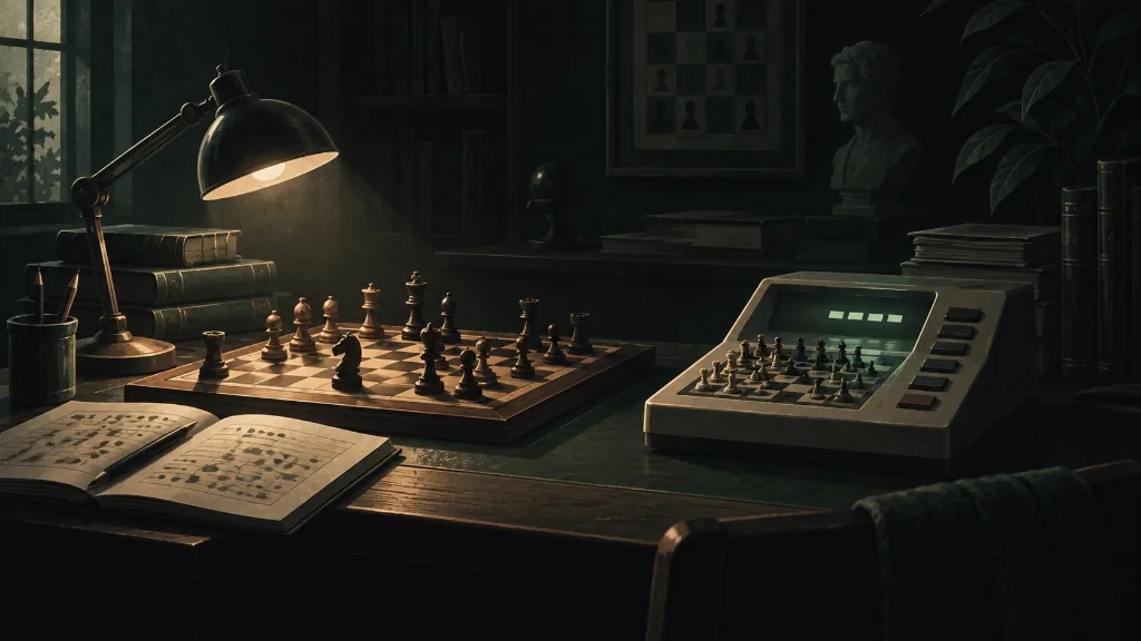 Editorial illustration of a quiet study desk split between eras: a wooden chessboard beside a chunky 1980s dedicated chess computer.