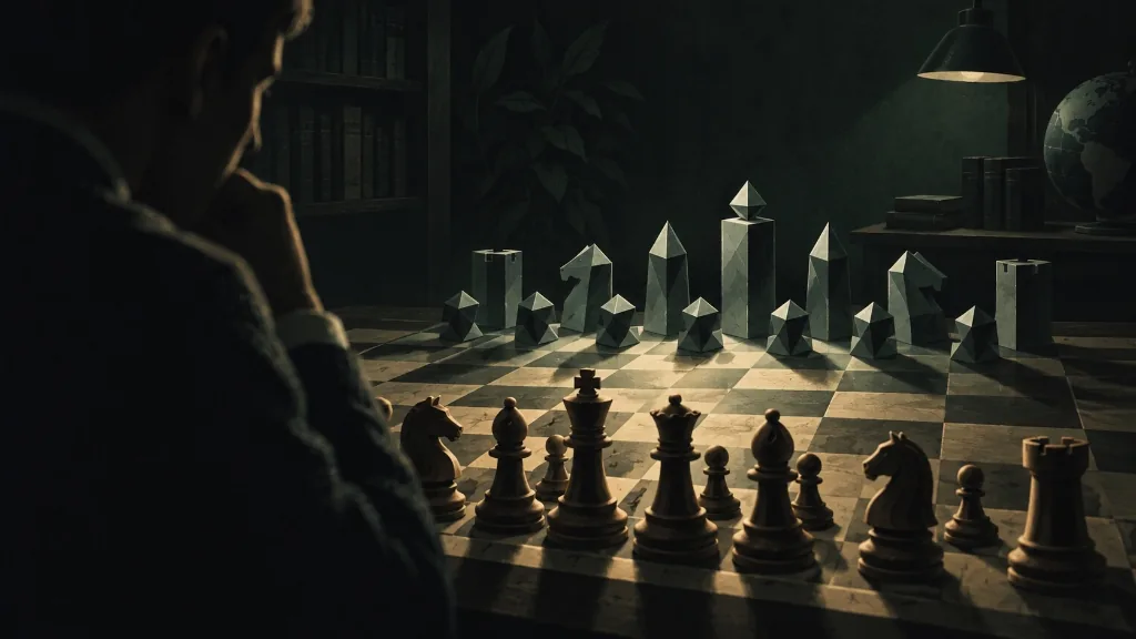 Editorial illustration of a chessboard seen in profile, where the far-side pieces are abstract geometric machine forms and the near side remains hand-carved wood.
