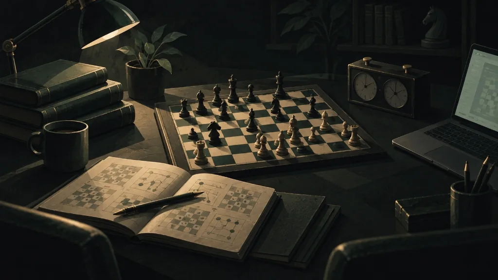 Editorial illustration of an organized training desk: a chessboard mid-position, an open notebook of abstract diagrams, and a laptop glowing softly off to one side.