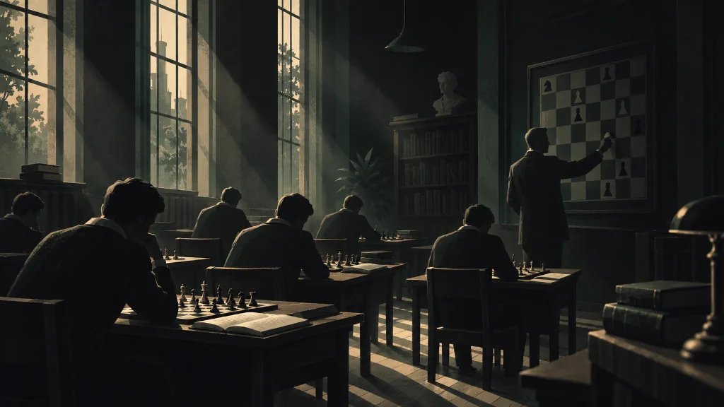 Editorial illustration of students analyzing chess positions at wooden desks in a structured Soviet-style chess school hall.