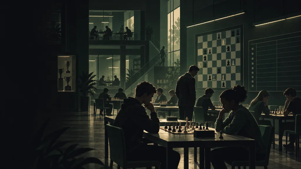 Editorial illustration of organized chess training in a national academy: rows of boards, young players, and a coach between tables.