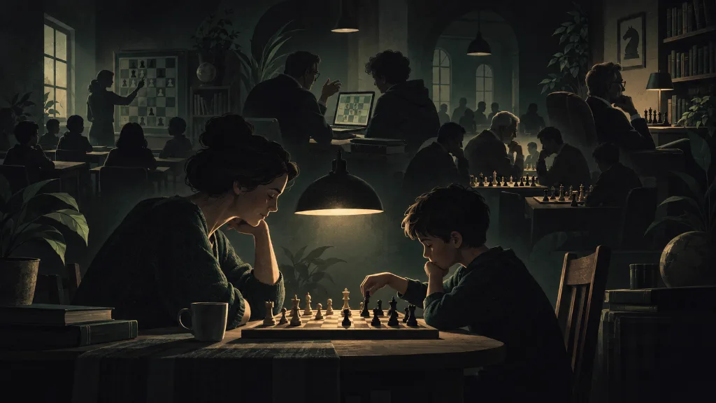 Editorial illustration of family study, private coaching, club play, and patronage combining to develop chess players.