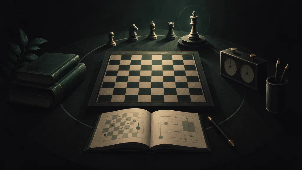 Editorial illustration of a chessboard surrounded by the tools of training: notebook, clock, books, and a pawn's path.