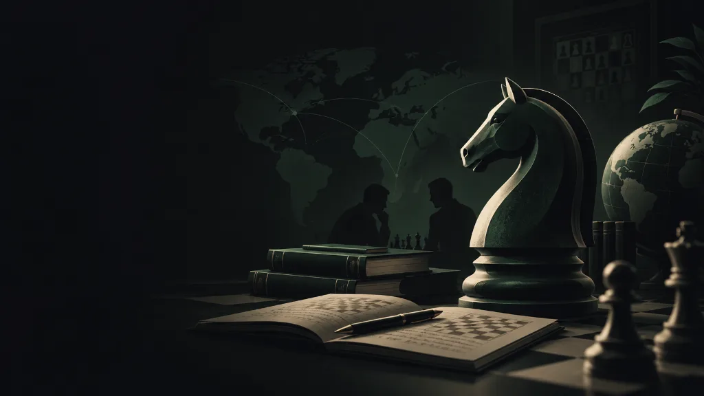 Editorial illustration of chess study across cultures: a knight, books, an analysis notebook, and a world map in muted greens.